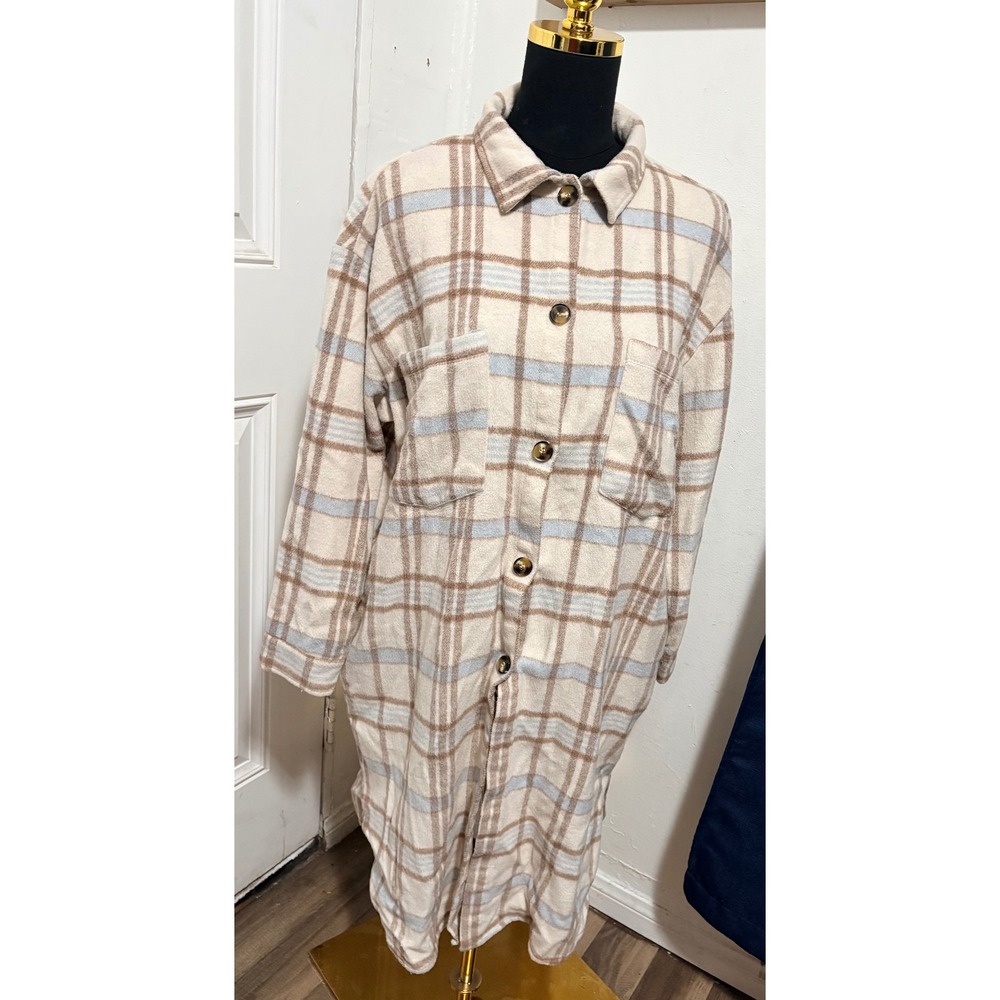 Active USA Womens Plaid Longline Shacket Tan Blue Oversized Fleece Jacket L